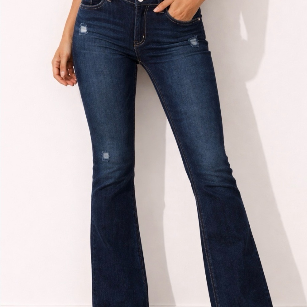 Twenty One Black Women's Dark Blue Flare Jeans — High-Rise Stretch Denim